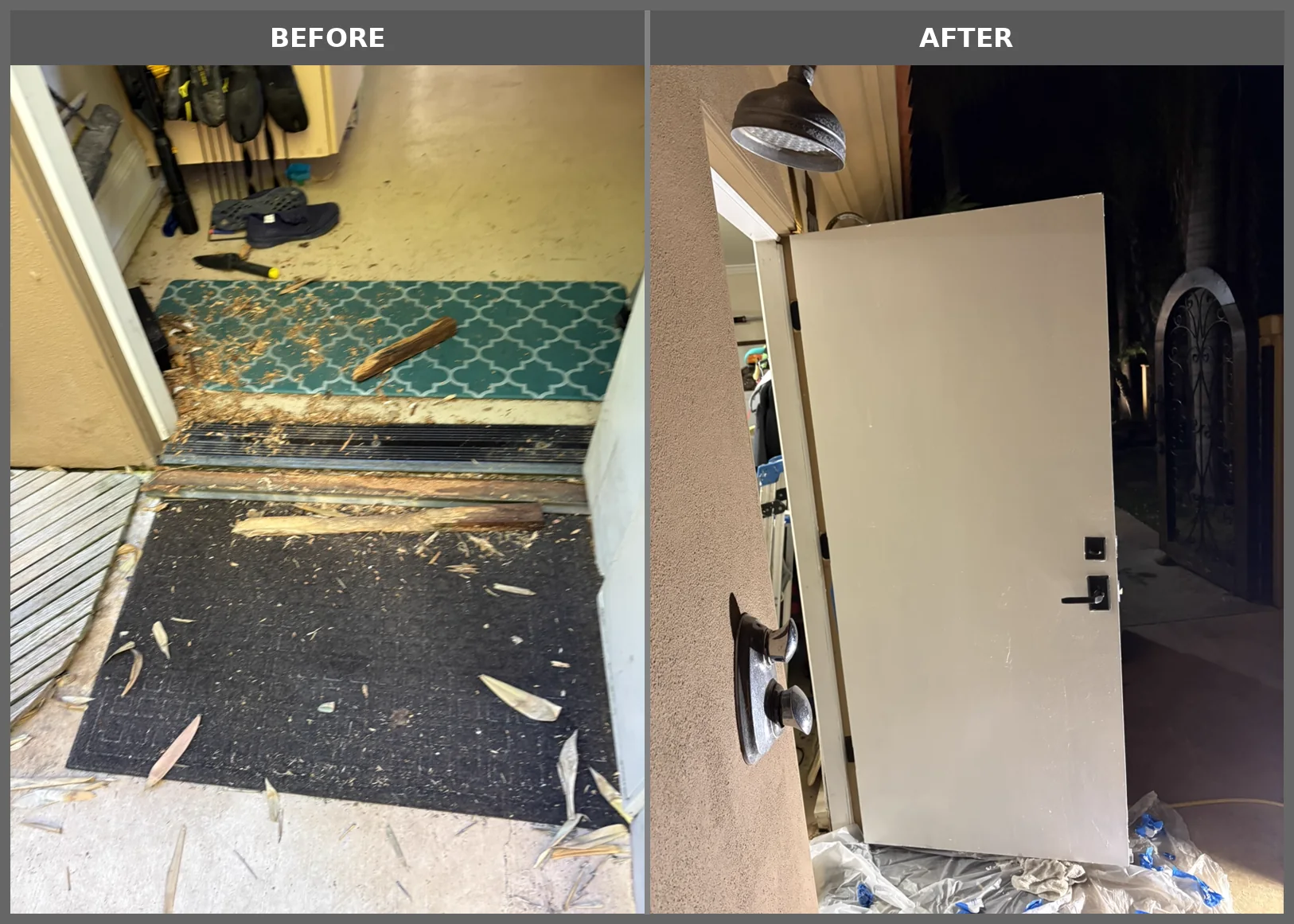 Damaged exterior doorway before and after door replacement