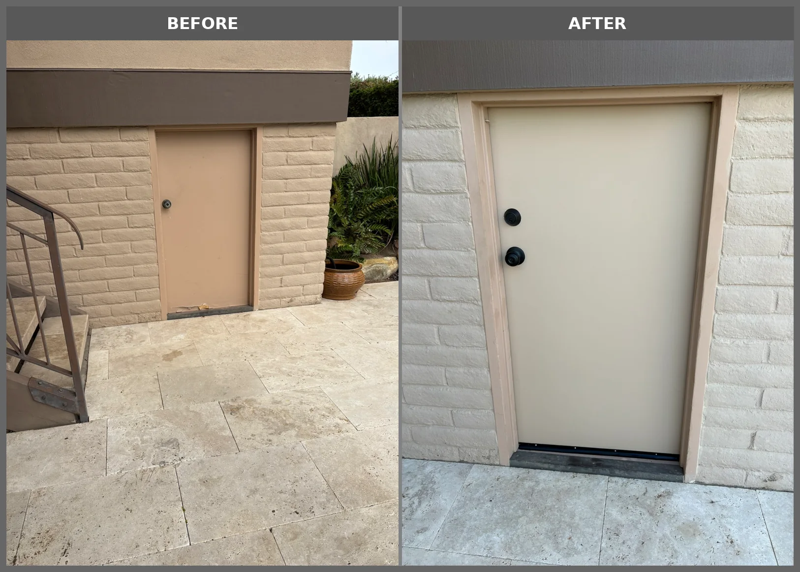 Worn exterior utility door before and after replacement