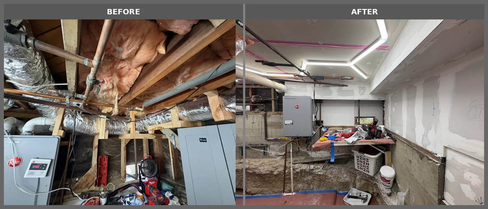 Mechanical room before and after drywall finishing