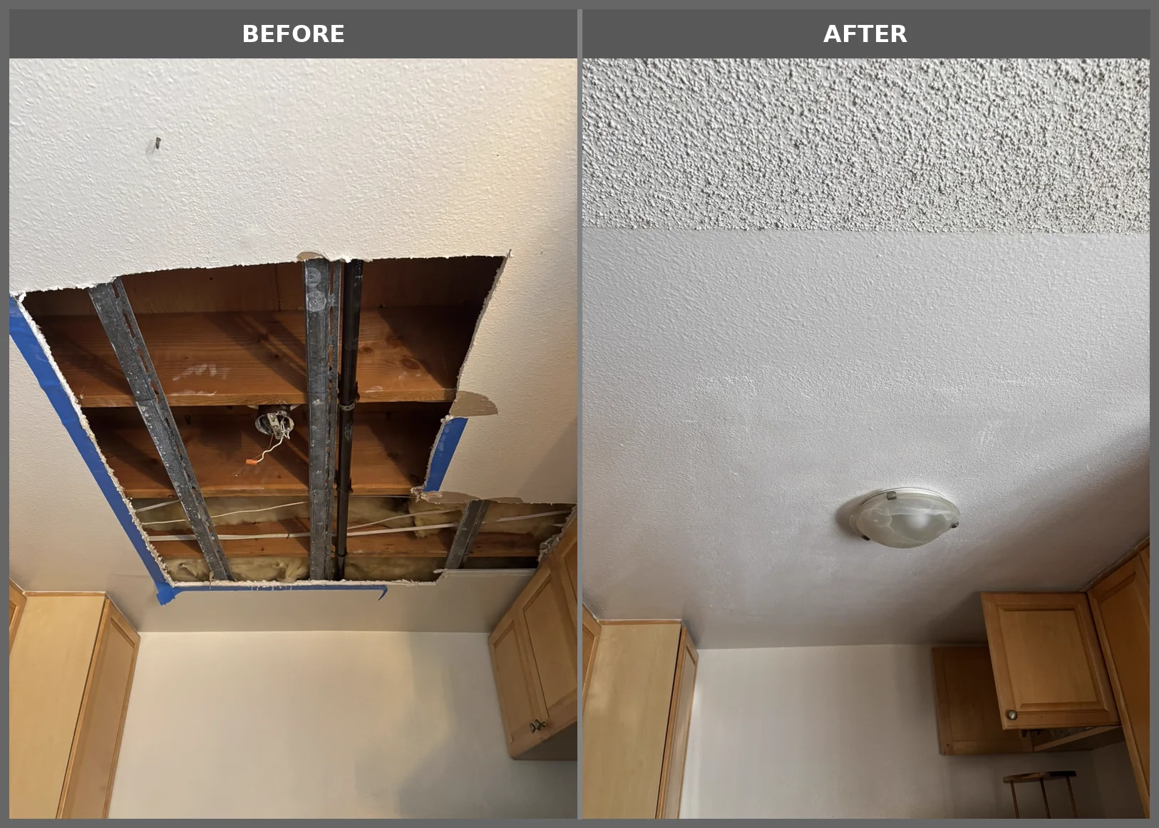 Large ceiling opening before and after drywall and texture repair