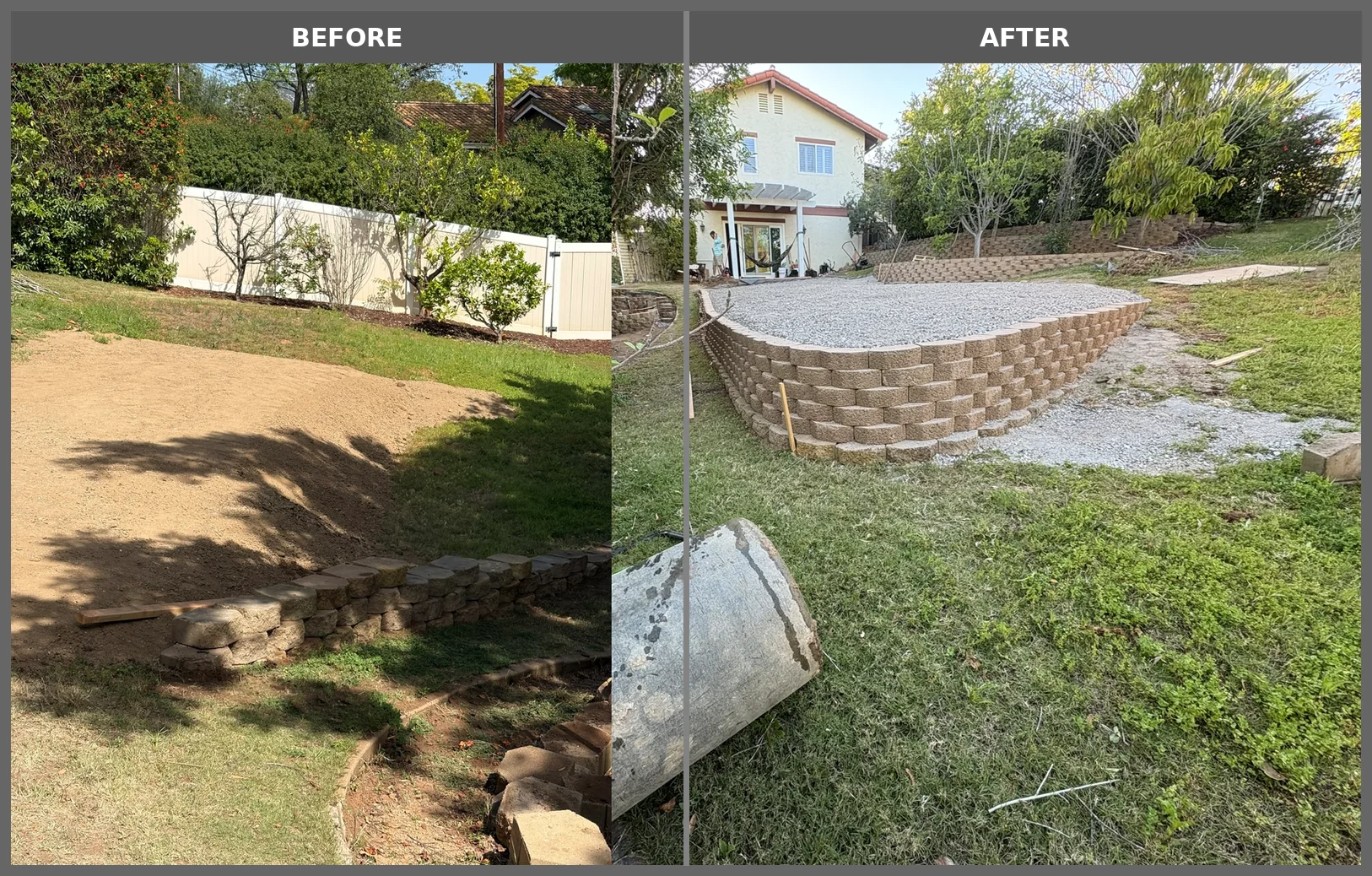 Backyard slope before and after retaining wall and gravel pad construction