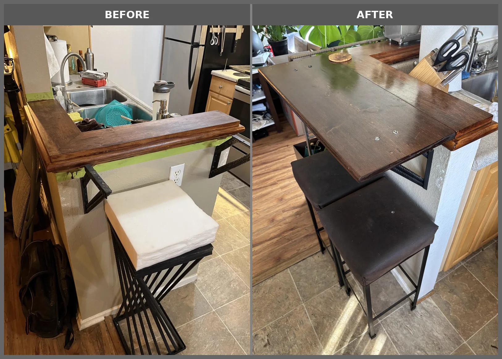 Custom counter extension before and after fabrication and installation