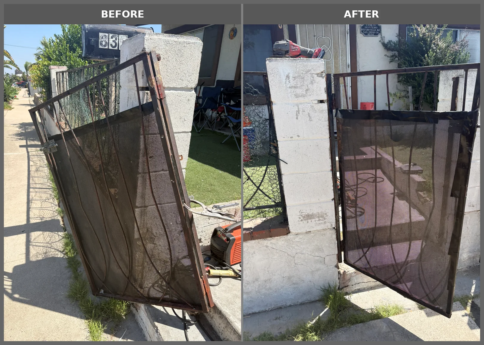 Metal gate before and after welding and alignment repair