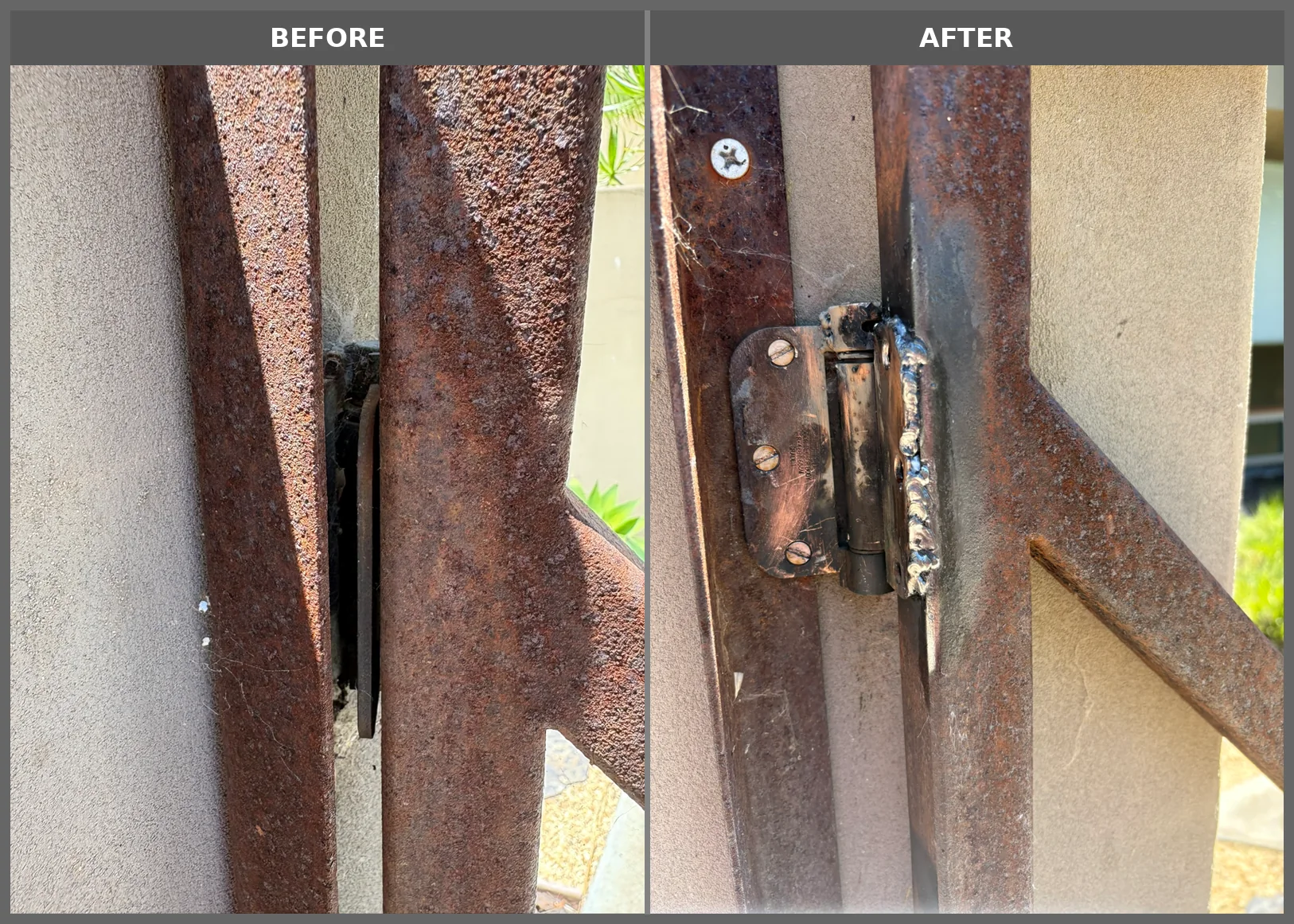 Damaged gate hinge before and after welded reinforcement